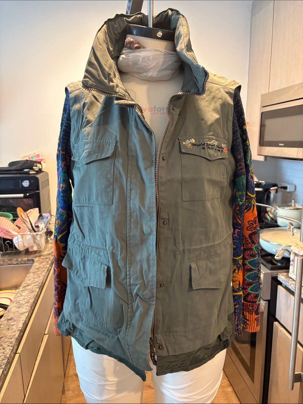 Desigual Olive Green Utility Vest with Multicolor Sleeves